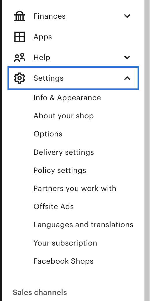 Step 2 - Settings in left sidebar