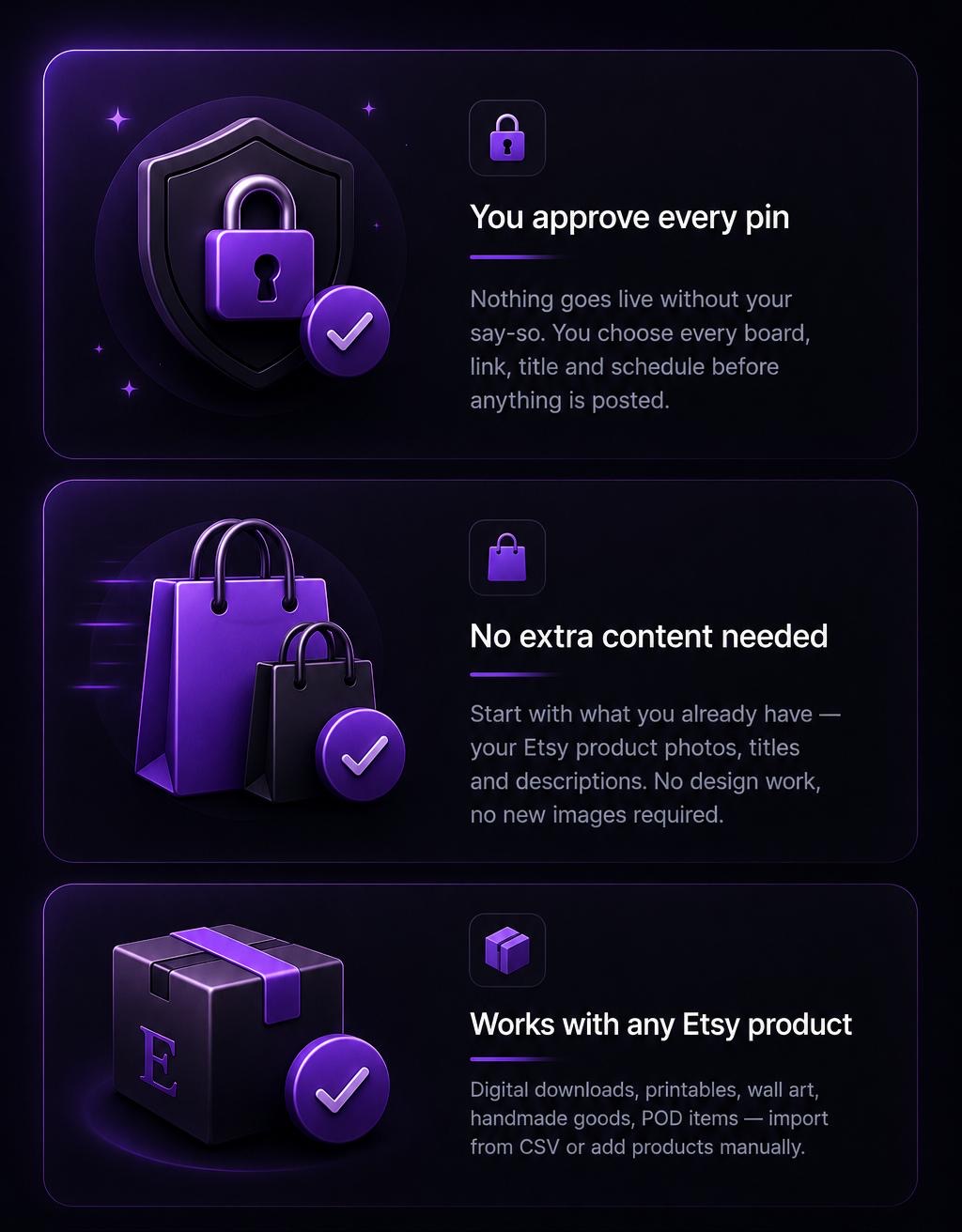 You approve every pin · No extra content needed · Works with any Etsy product